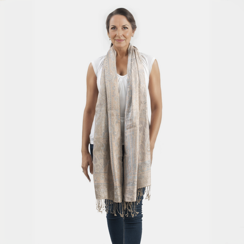 Premium Kollektion - gewebter Schal, 100% Natur Seide, Jamawar Design, 68x190 cm, Creme