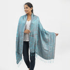 Premium Kollektion - gewebter Schal, 100% Natur Seide, Jamawar Design, 68x190 cm, Himmelblau