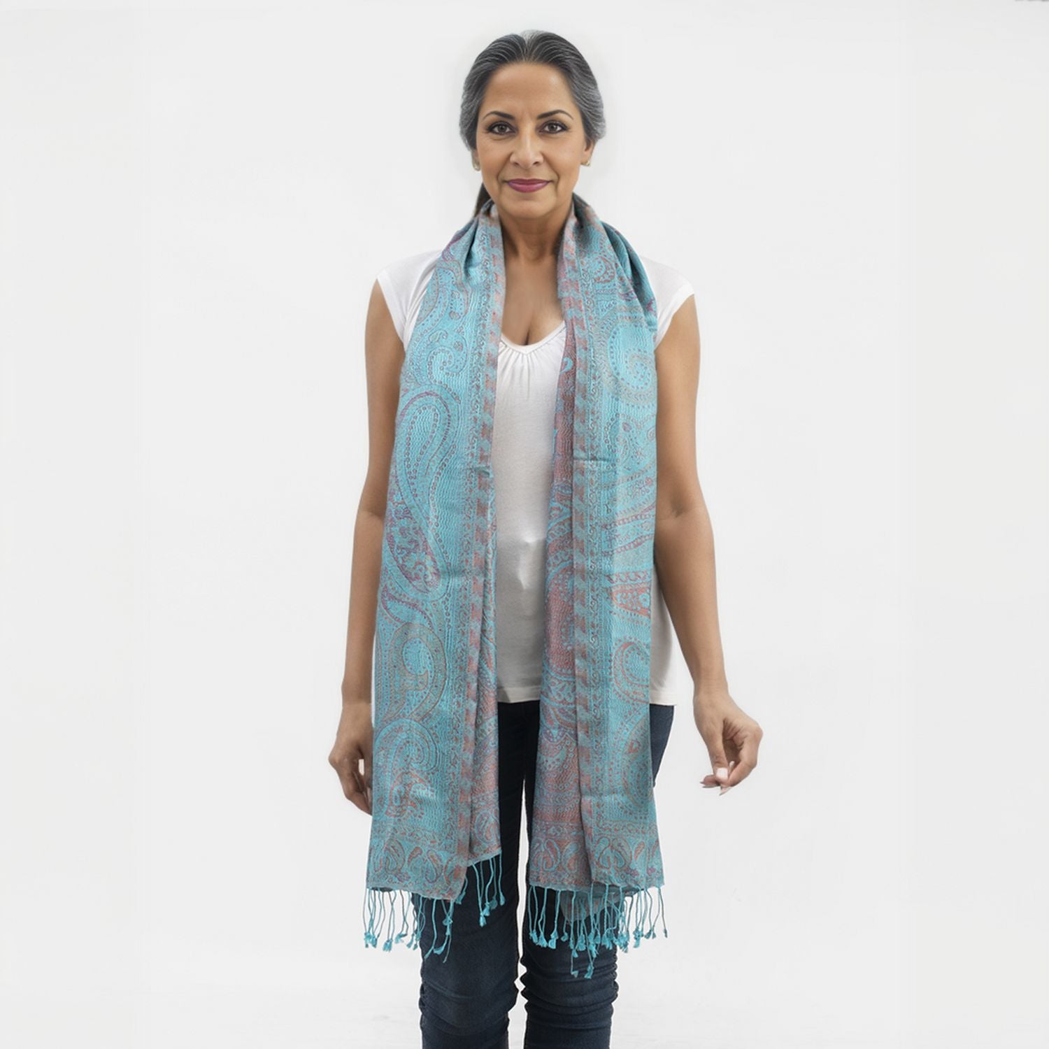 Premium Kollektion - gewebter Schal, 100% Natur Seide, Jamawar Design, 68x190 cm, Himmelblau