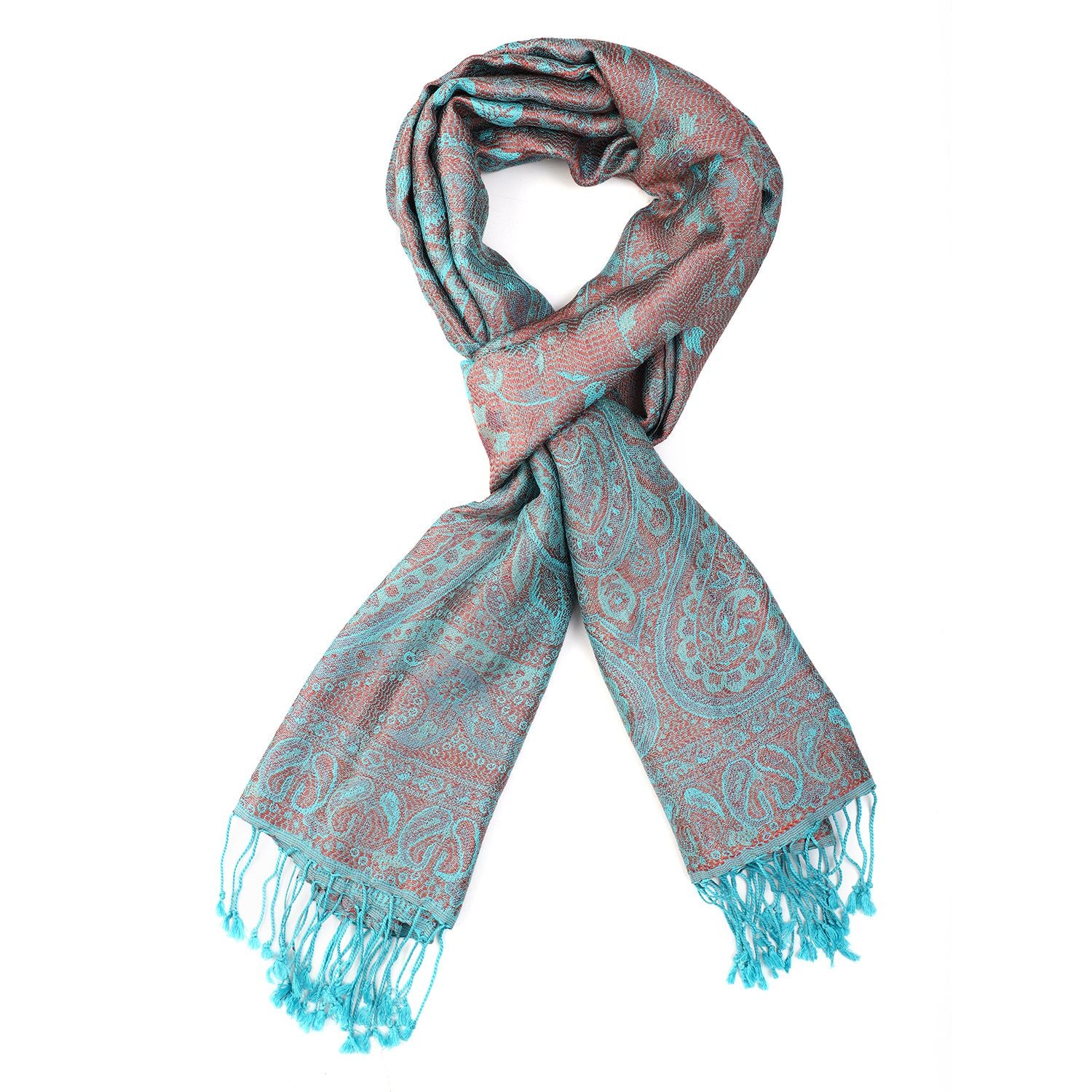 Premium Kollektion - gewebter Schal, 100% Natur Seide, Jamawar Design, 68x190 cm, Himmelblau