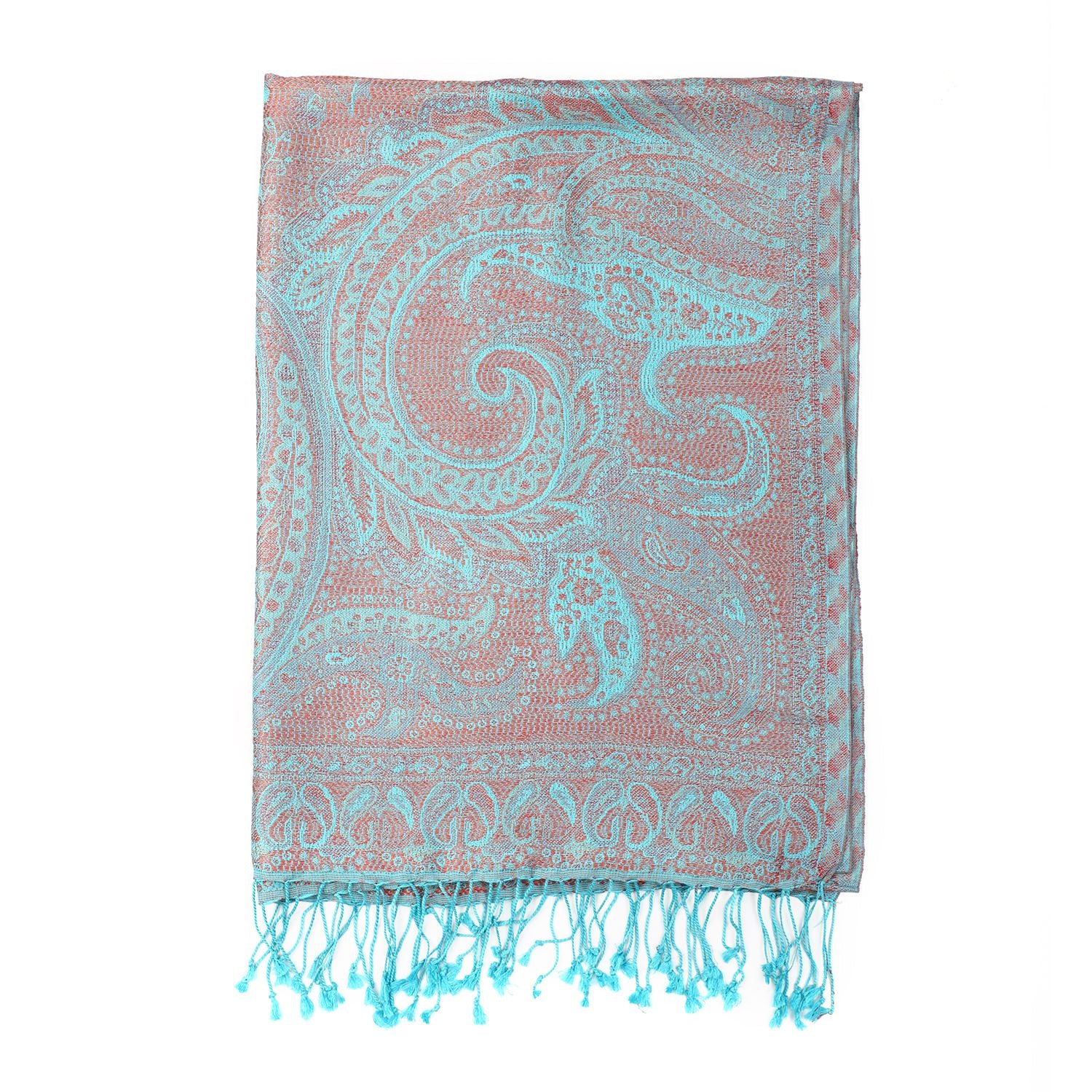 Premium Kollektion - gewebter Schal, 100% Natur Seide, Jamawar Design, 68x190 cm, Himmelblau