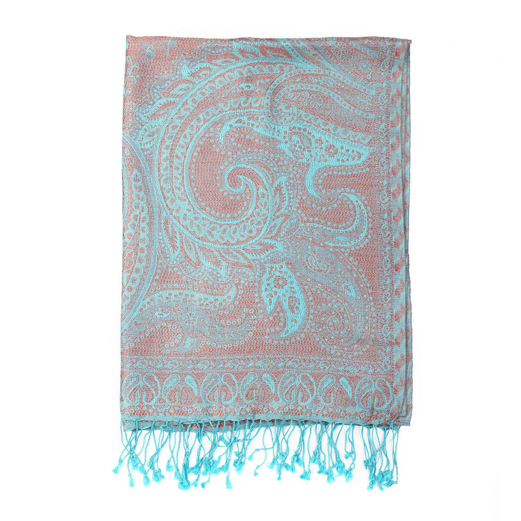 Premium Kollektion - gewebter Schal, 100% Natur Seide, Jamawar Design, 68x190 cm, Himmelblau