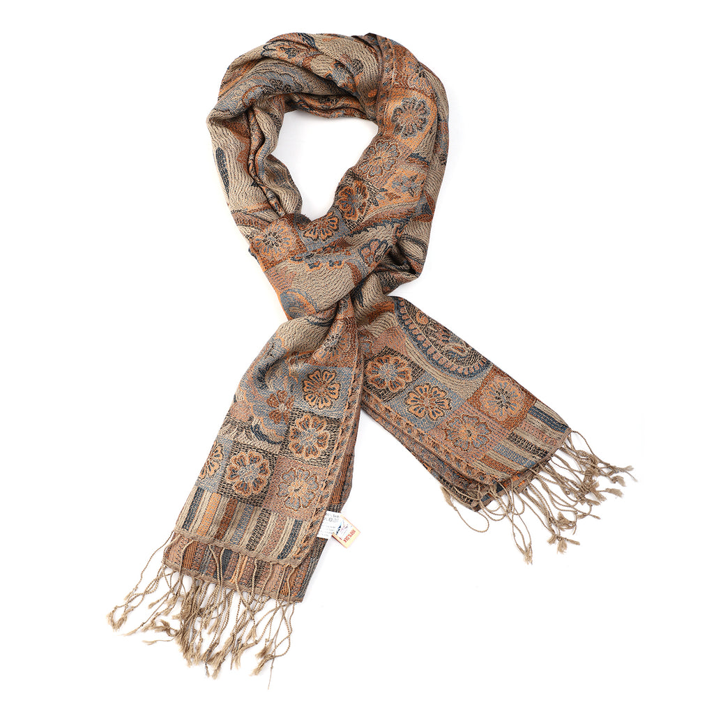 Premium Kollektion - gewebter Schal, 100% Natur Seide, Jamawar Design, 68x190 cm, Erdfarben