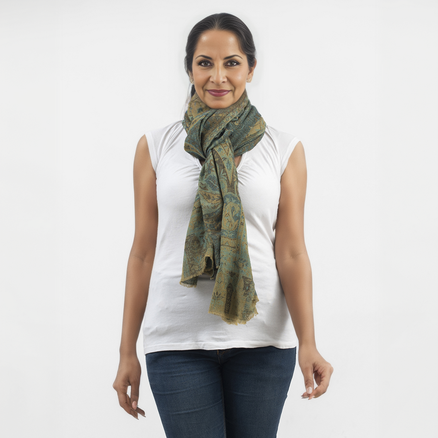 Premium Kollektion - gewebter Schulterschal, Natur Seide und Wolle, Jamawar Design, 70x200 cm, Olivgrün