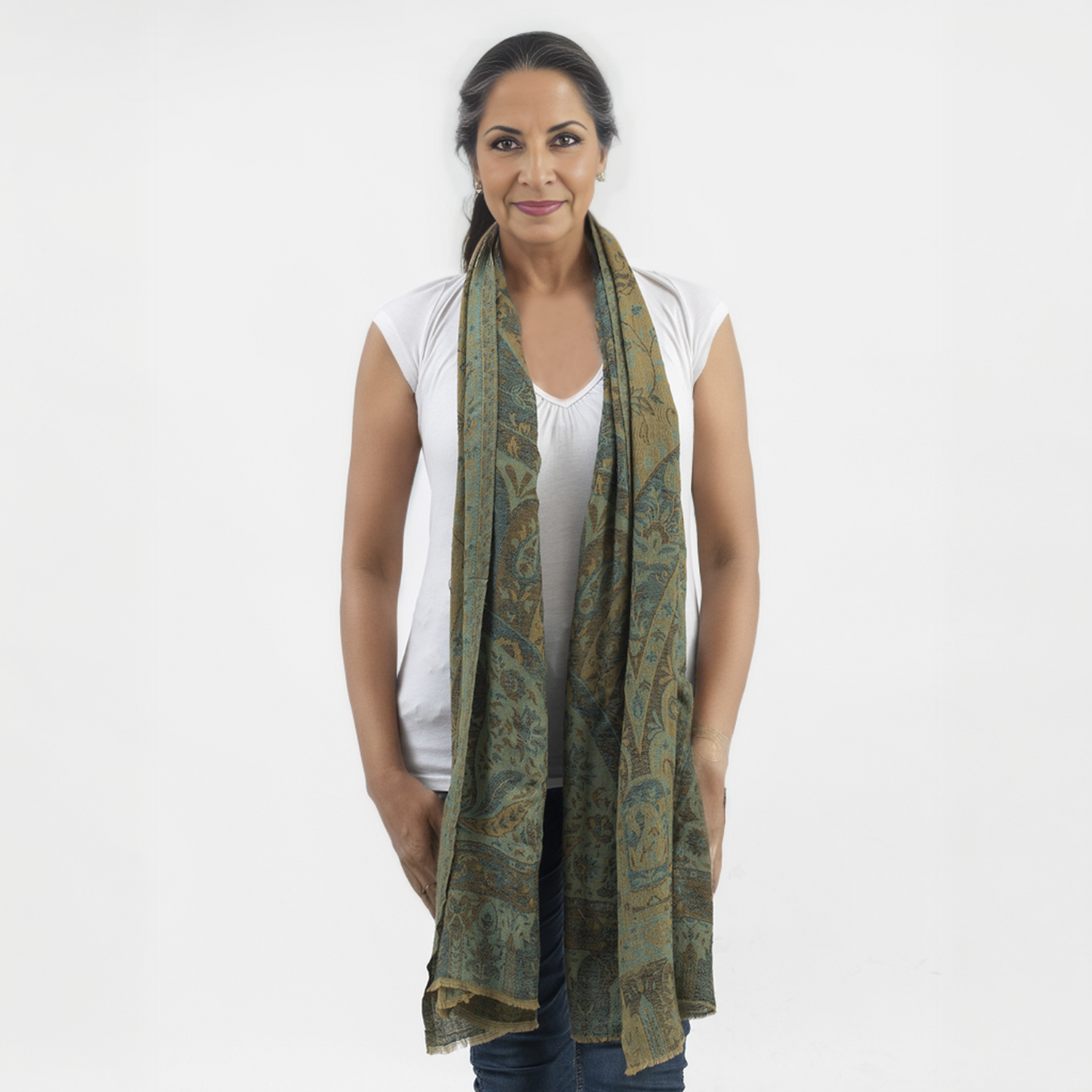 Premium Kollektion - gewebter Schulterschal, Natur Seide und Wolle, Jamawar Design, 70x200 cm, Olivgrün