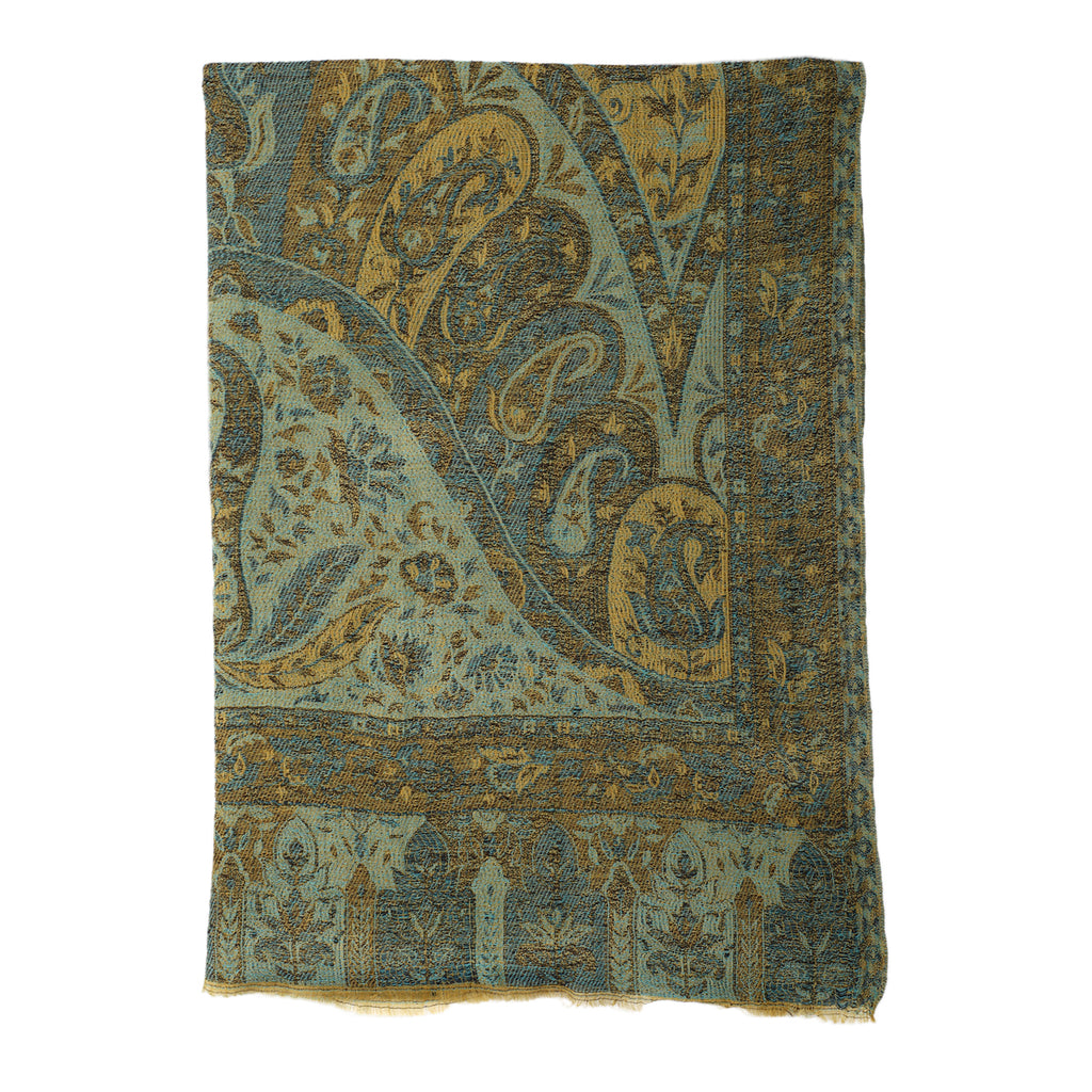 Premium Kollektion - gewebter Schulterschal, Natur Seide und Wolle, Jamawar Design, 70x200 cm, Olivgrün