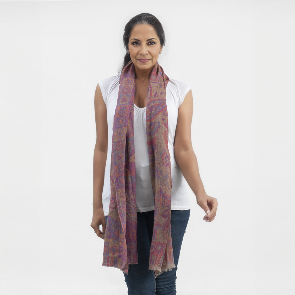 Premium Kollektion - gewebter Schal, Natur Seide und Wolle, Jamawar Design, 70x200 cm, Lavendel