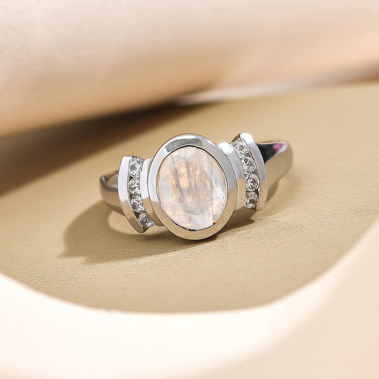 Premium Regenbogen Mondstein und weißer Zirkon-Ring, 925 Silber platiniert (Größe 20.00) ca. 2.00 ct