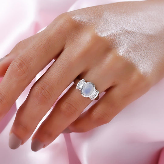 Premium Regenbogen Mondstein und weißer Zirkon-Ring, 925 Silber platiniert (Größe 20.00) ca. 2.00 ct