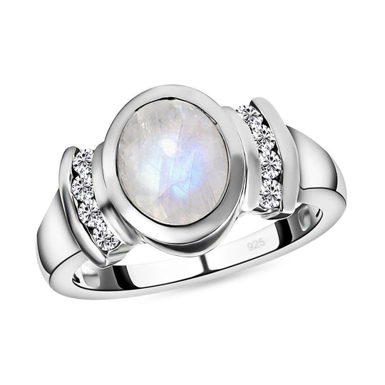 Premium Regenbogen Mondstein und weißer Zirkon-Ring, 925 Silber platiniert (Größe 20.00) ca. 2.00 ct