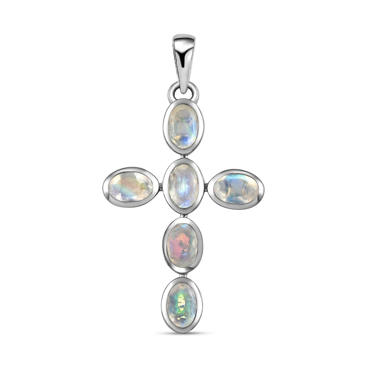 Premium Regenbogen Mondstein-Anhänger, 925 Silber platiniert, ca. 2.98 ct