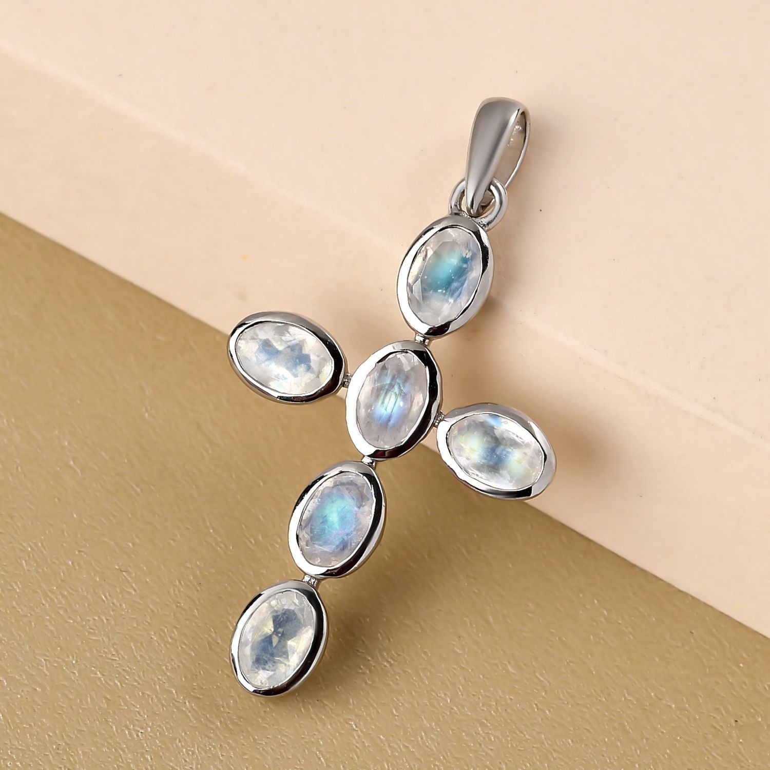 Premium Regenbogen Mondstein-Anhänger, 925 Silber platiniert, ca. 2.98 ct