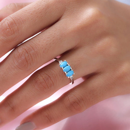 Amerikanischer, natürlicher Sleeping Beauty Türkis und weißer Diamant-Ring, 925 Silber platiniert ca. 0.76 ct