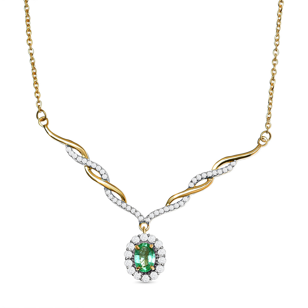 AA äthiopisches Smaragd und weißes Zirkon Collier, ca. 45 cm, 925 Silber Gelbgold Vermeil ca. 1.48 ct