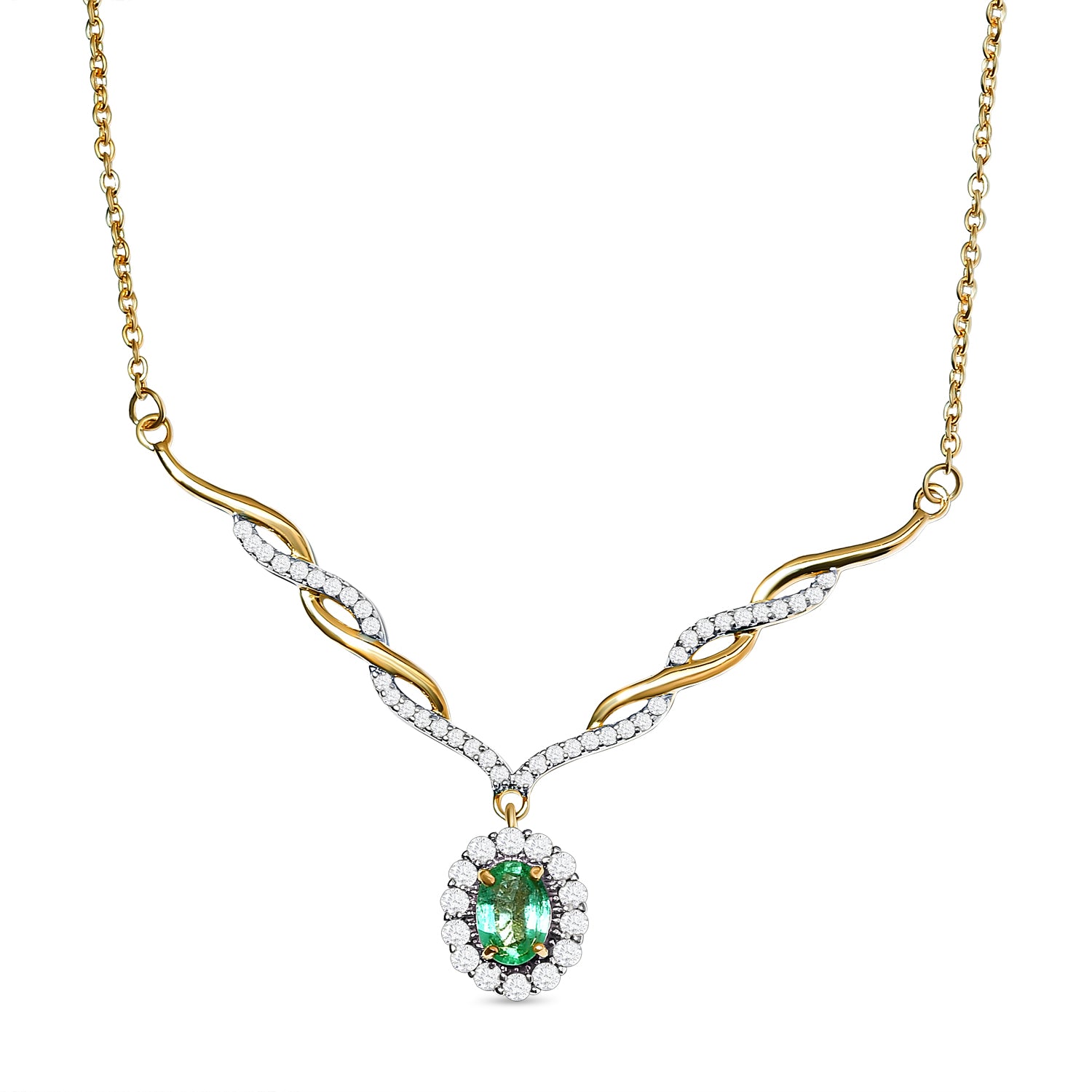 AA äthiopisches Smaragd und weißes Zirkon Collier, ca. 45 cm, 925 Silber Gelbgold Vermeil ca. 1.48 ct