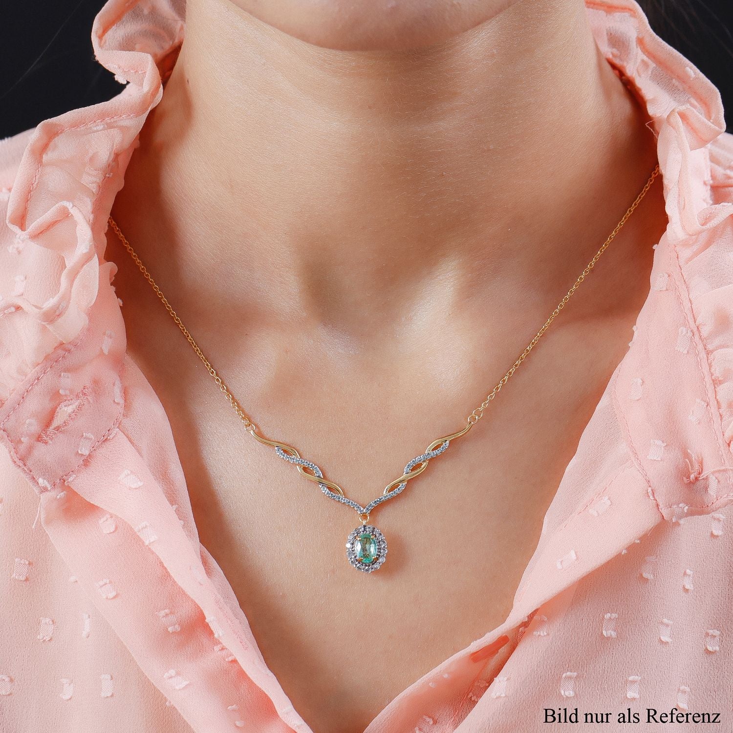 AA äthiopisches Smaragd und weißes Zirkon Collier, ca. 45 cm, 925 Silber Gelbgold Vermeil ca. 1.48 ct