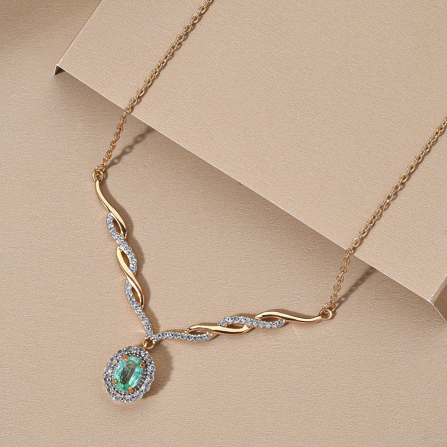 AA äthiopisches Smaragd und weißes Zirkon Collier, ca. 45 cm, 925 Silber Gelbgold Vermeil ca. 1.48 ct