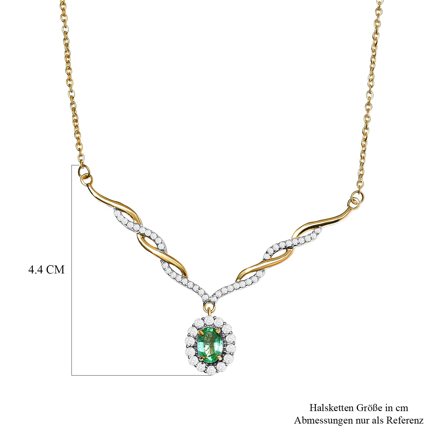 AA äthiopisches Smaragd und weißes Zirkon Collier, ca. 45 cm, 925 Silber Gelbgold Vermeil ca. 1.48 ct