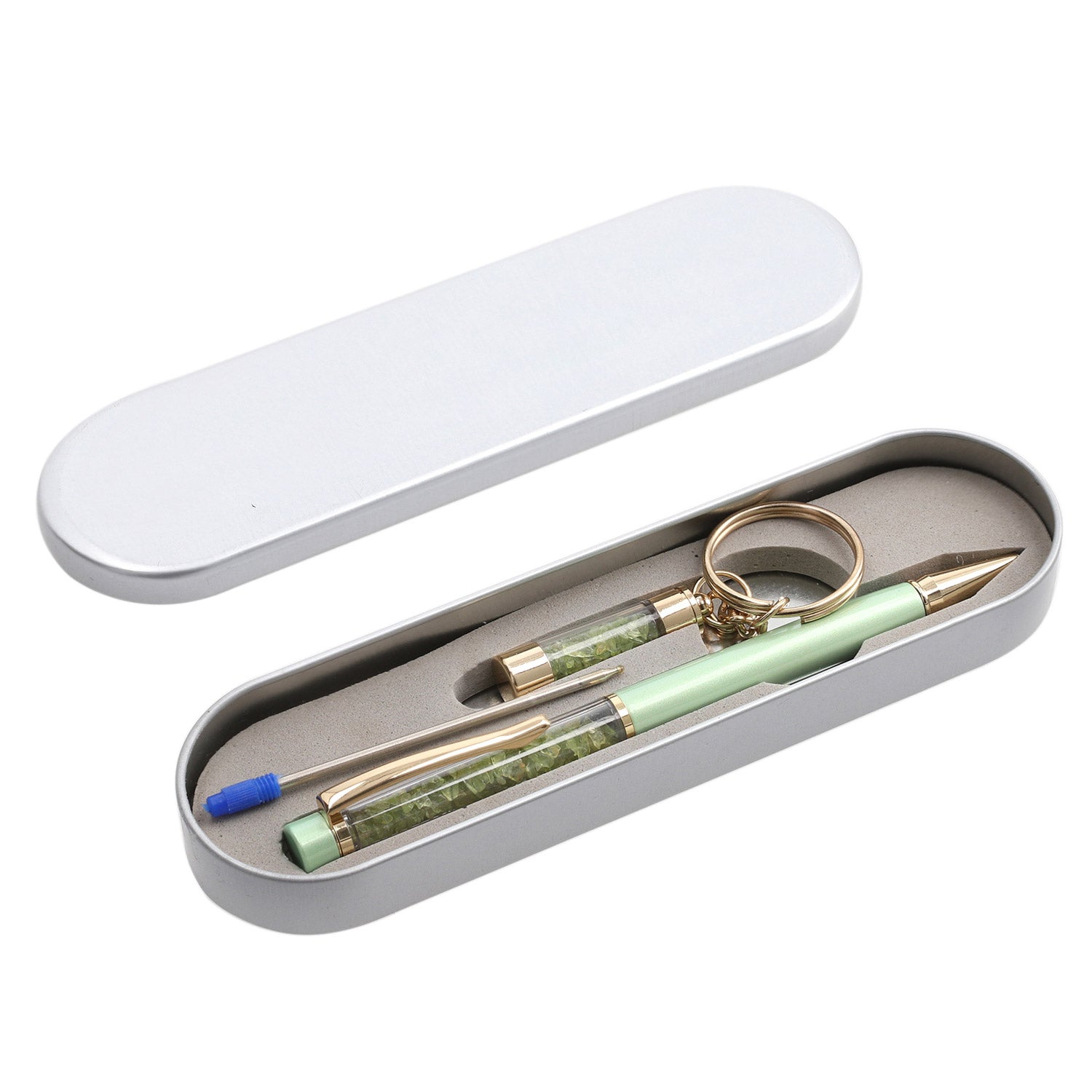 Premium Kollektion - Echter Peridot-Kugelschreiber mit extra Mine und Schlüsselanhänger