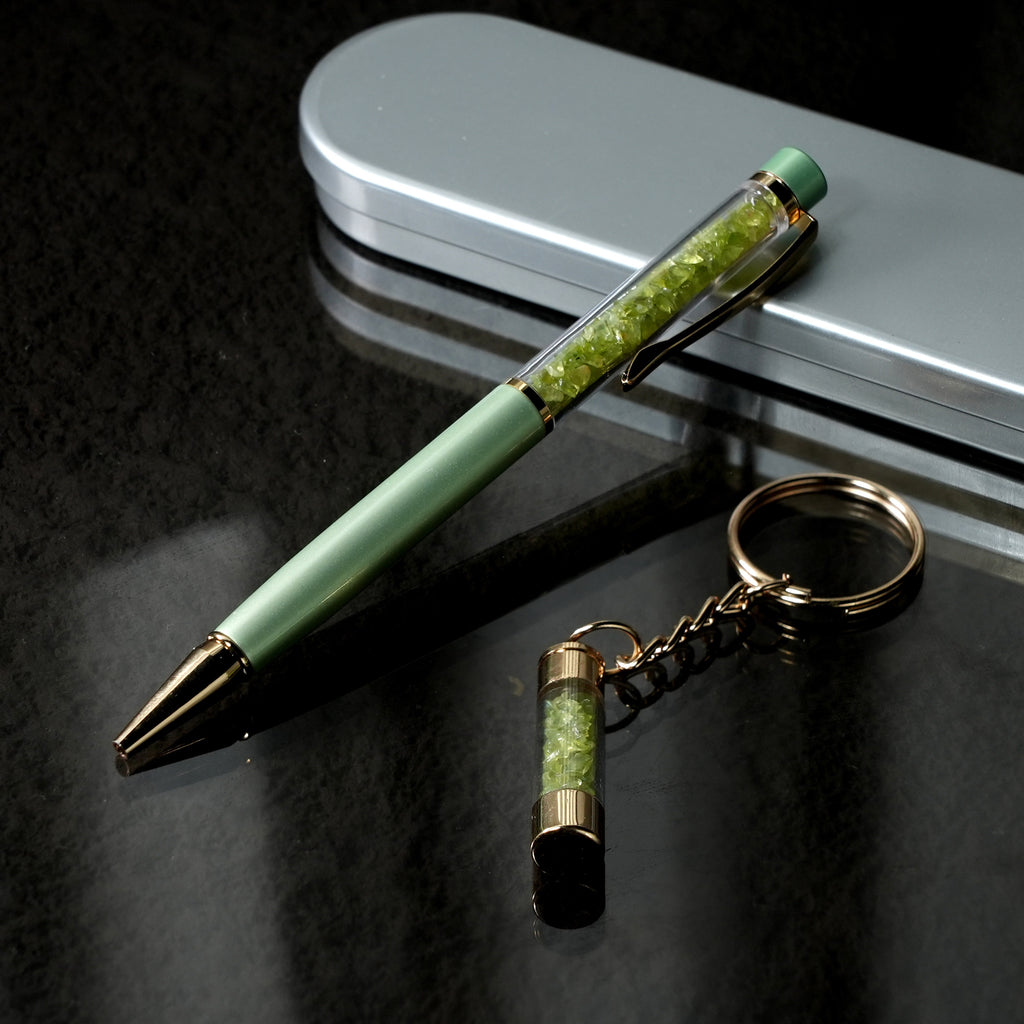 Premium Kollektion - Echter Peridot-Kugelschreiber mit extra Mine und Schlüsselanhänger