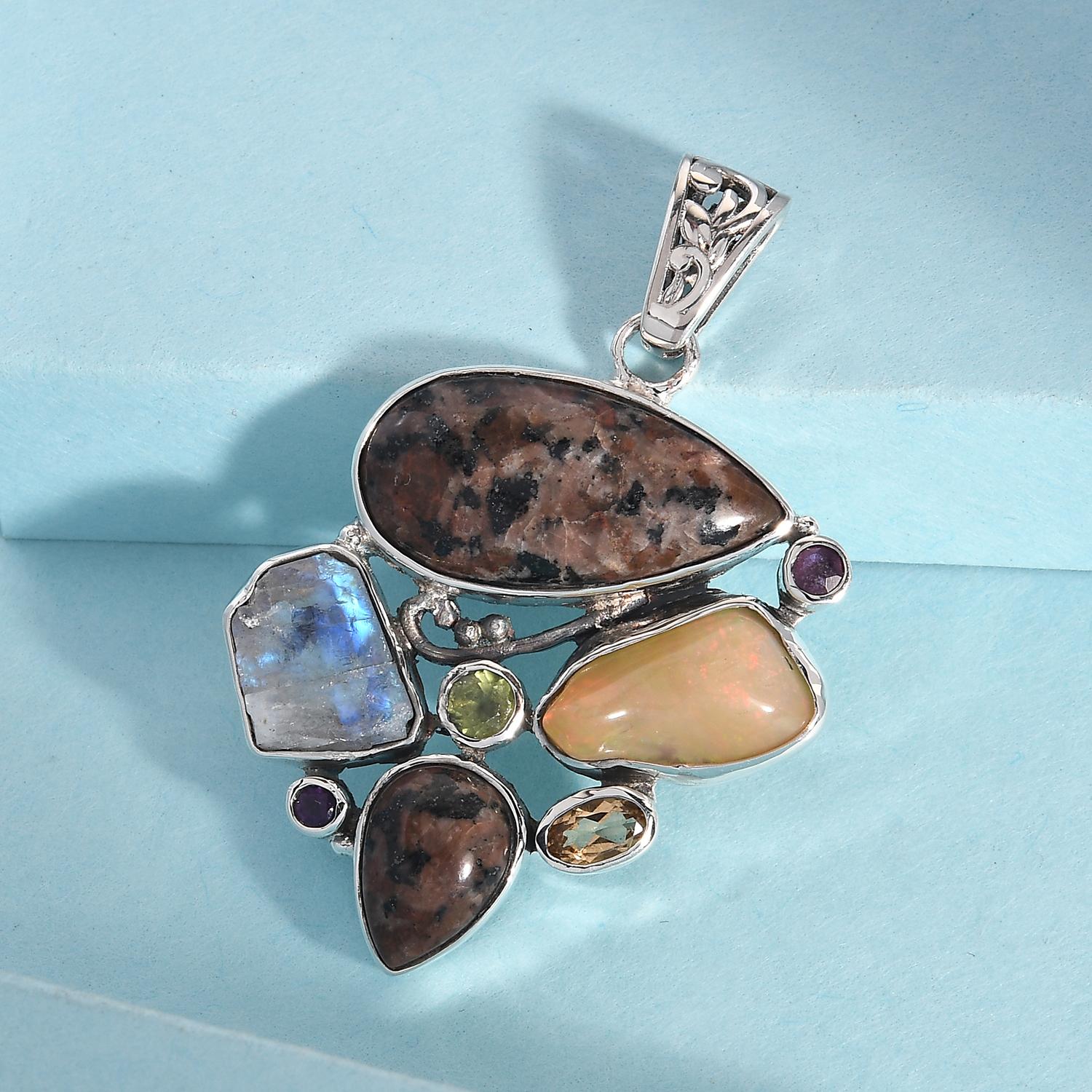 Handgearbeiteter, natürlicher Yooperlith, Welo Opal und mehrfarbiger Edelstein-Anhänger, 925 Silber ca. 14,76 ct