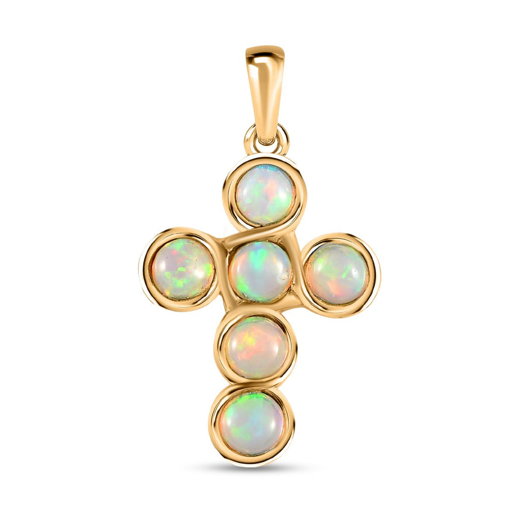 Natürlicher, äthiopischer Welo Opal Kreuz-Anhänger, 925 Silber vergoldet ca. 1.52 ct
