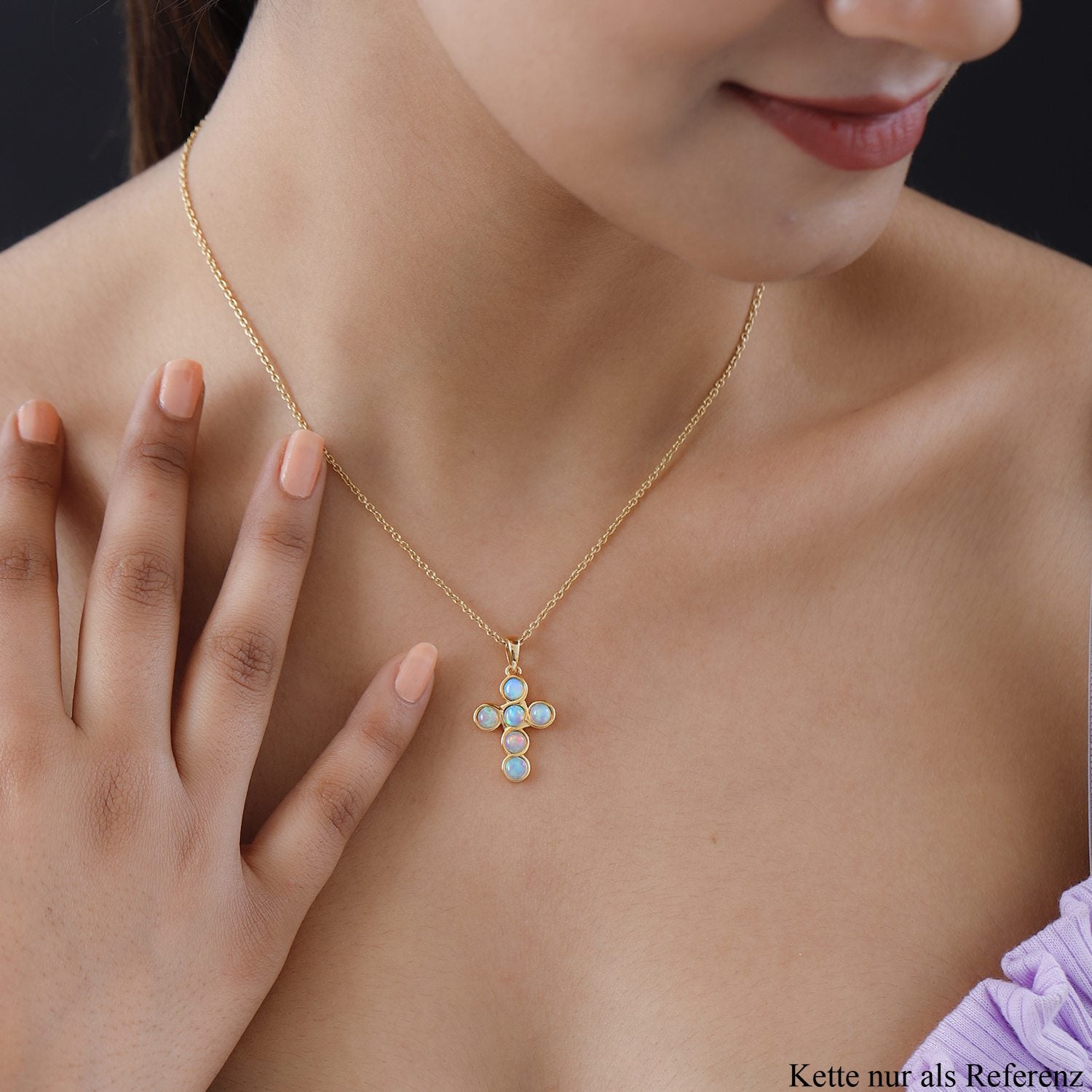 Natürlicher, äthiopischer Welo Opal Kreuz-Anhänger, 925 Silber vergoldet ca. 1.52 ct