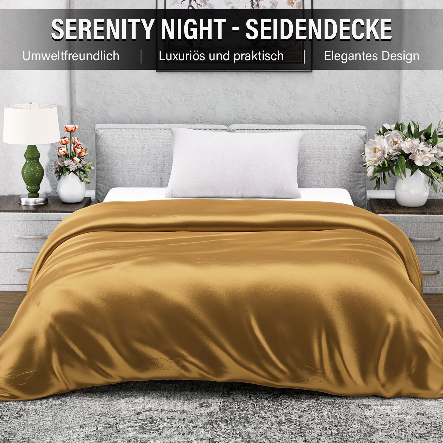 Serenity Night - 100% Maulbeerseide Sommerseidendecke mit Seidenfüllung Daunenkissen und Seidenkissenbezug Gold