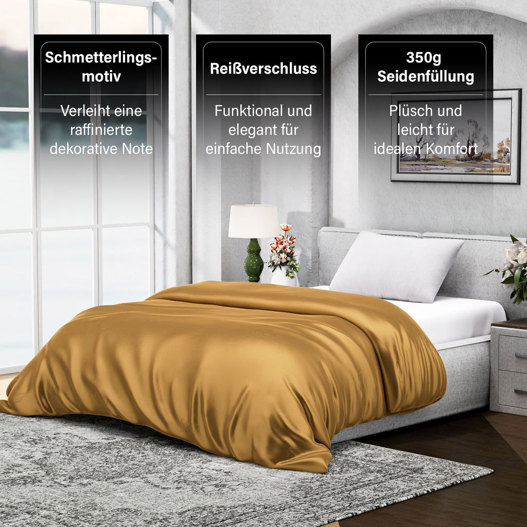 Serenity Night - 100% Maulbeerseide Sommerseidendecke mit Seidenfüllung Daunenkissen und Seidenkissenbezug Gold