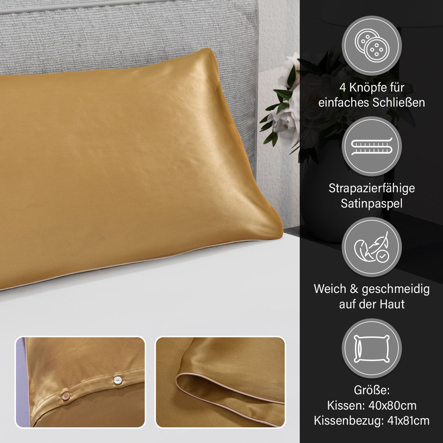 Serenity Night - 100% Maulbeerseide Sommerseidendecke mit Seidenfüllung Daunenkissen und Seidenkissenbezug Gold