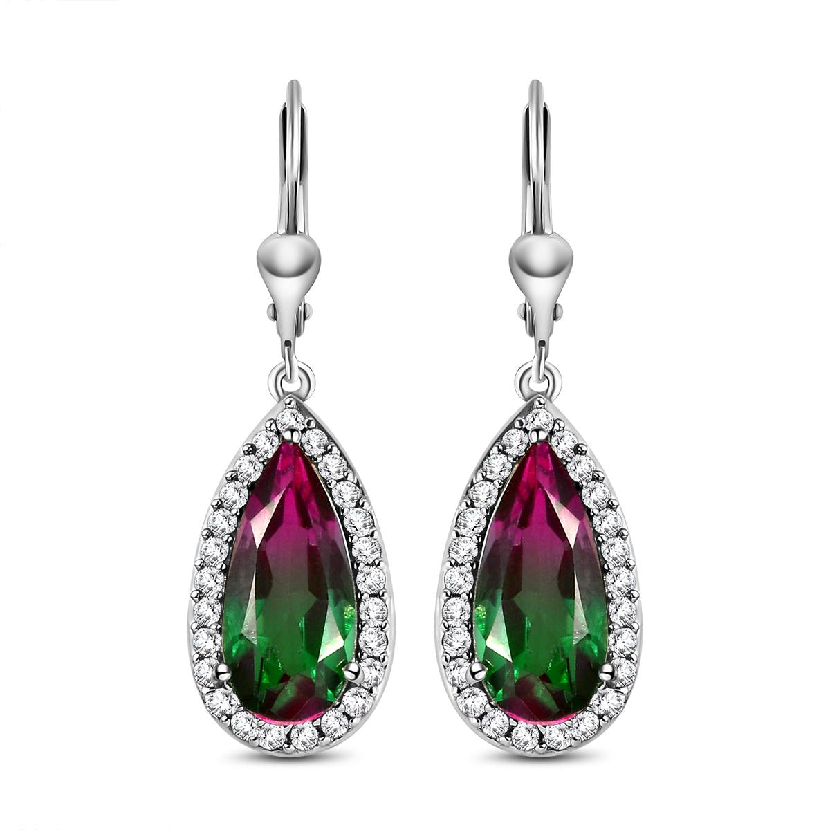 Wassermelonen-Quarz-Triplett und weiße Zirkon-Ohrringe, 925 Silber platiniert ca. 8.24 ct