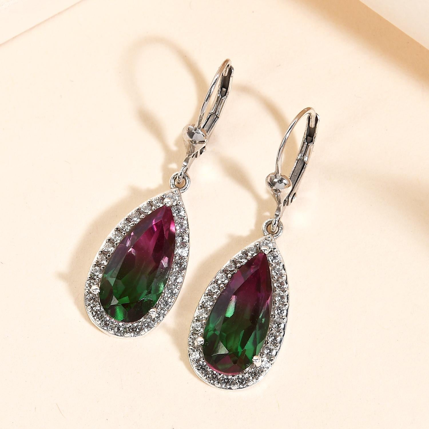Wassermelonen-Quarz-Triplett und weiße Zirkon-Ohrringe, 925 Silber platiniert ca. 8.24 ct