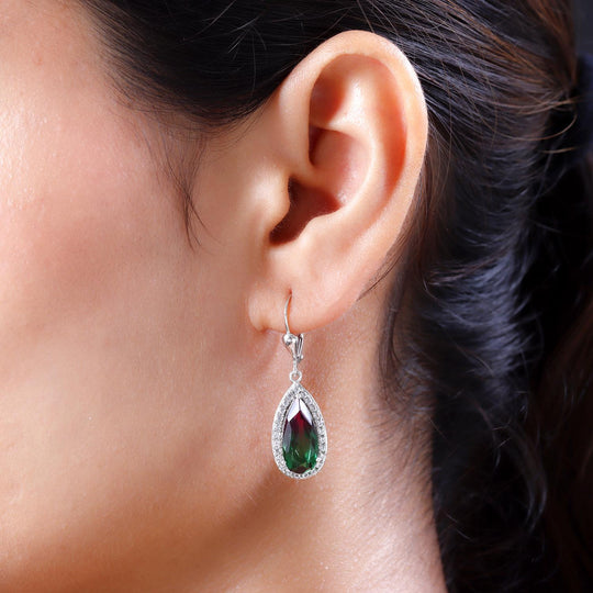 Wassermelonen-Quarz-Triplett und weiße Zirkon-Ohrringe, 925 Silber platiniert ca. 8.24 ct