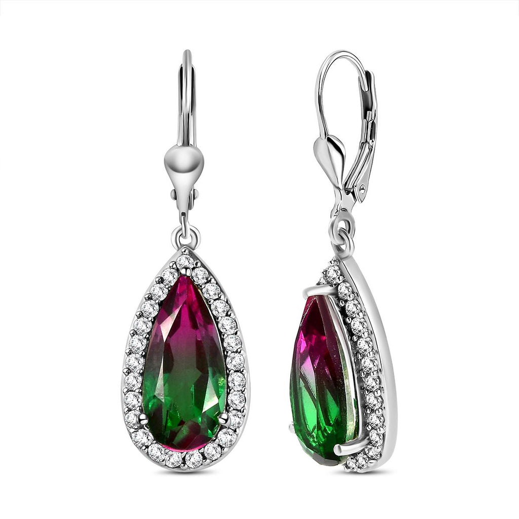 Wassermelonen-Quarz-Triplett und weiße Zirkon-Ohrringe, 925 Silber platiniert ca. 8.24 ct