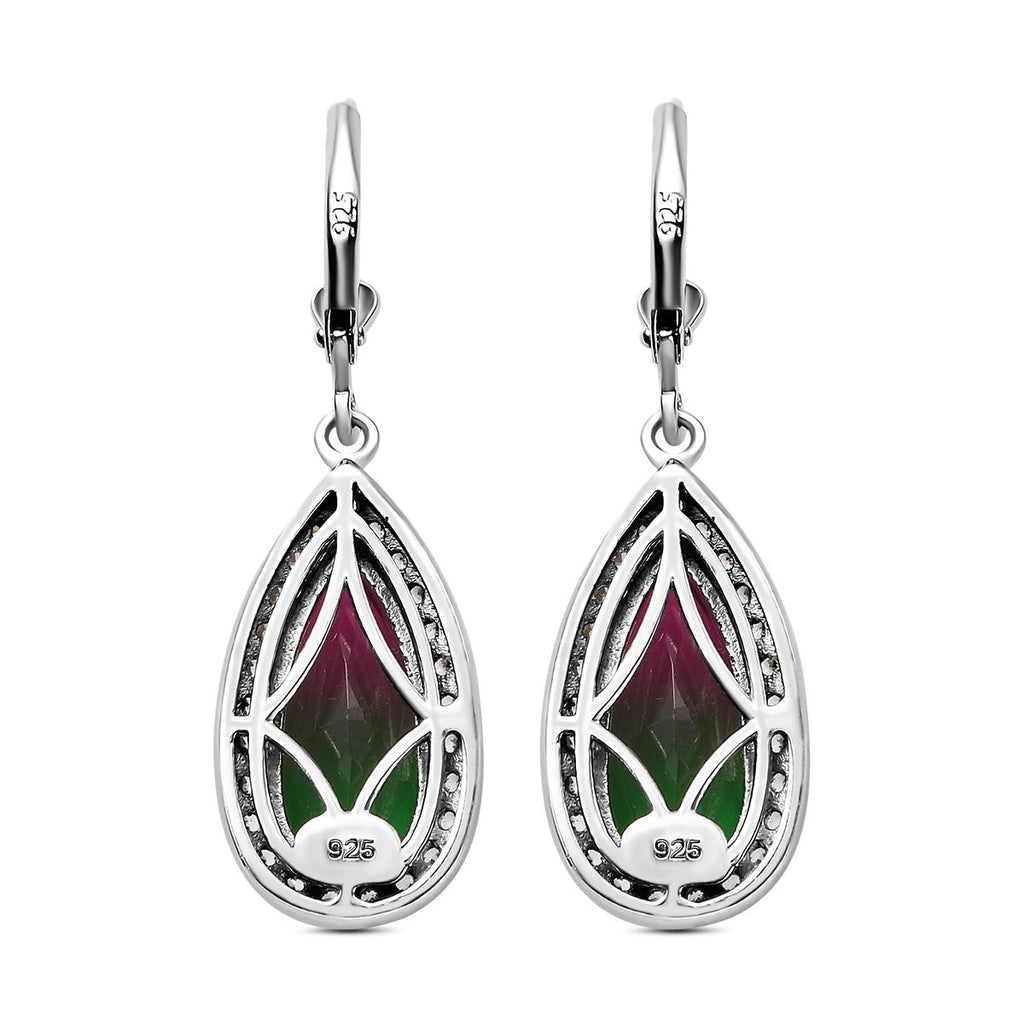 Wassermelonen-Quarz-Triplett und weiße Zirkon-Ohrringe, 925 Silber platiniert ca. 8.24 ct
