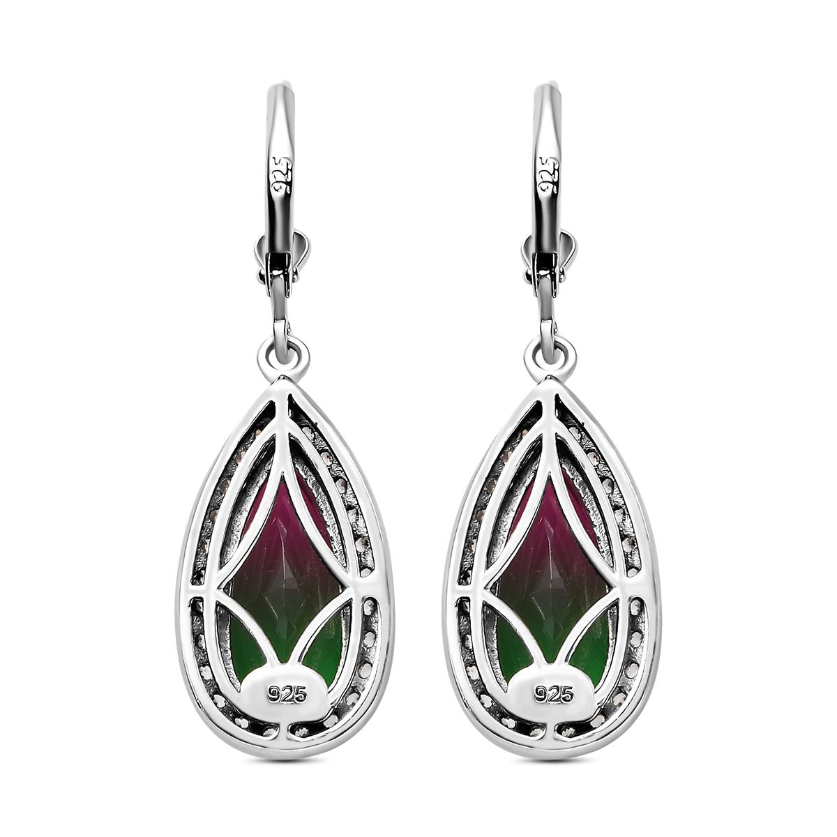 Wassermelonen-Quarz-Triplett und weiße Zirkon-Ohrringe, 925 Silber platiniert ca. 8.24 ct
