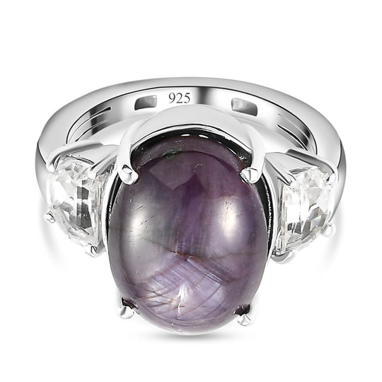 Sternrubin und weißer Zirkon-Ring, 925 Silber platiniert (Größe 21.00) ca. 10.71 ct