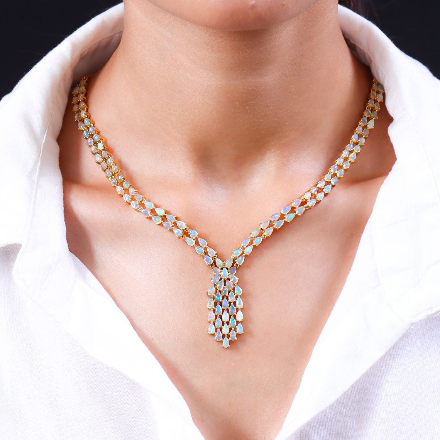 Natürliches, äthiopisches Welo Opal Collier, ca. 45 cm, 925 Silber vergoldet ca. 18.15 ct