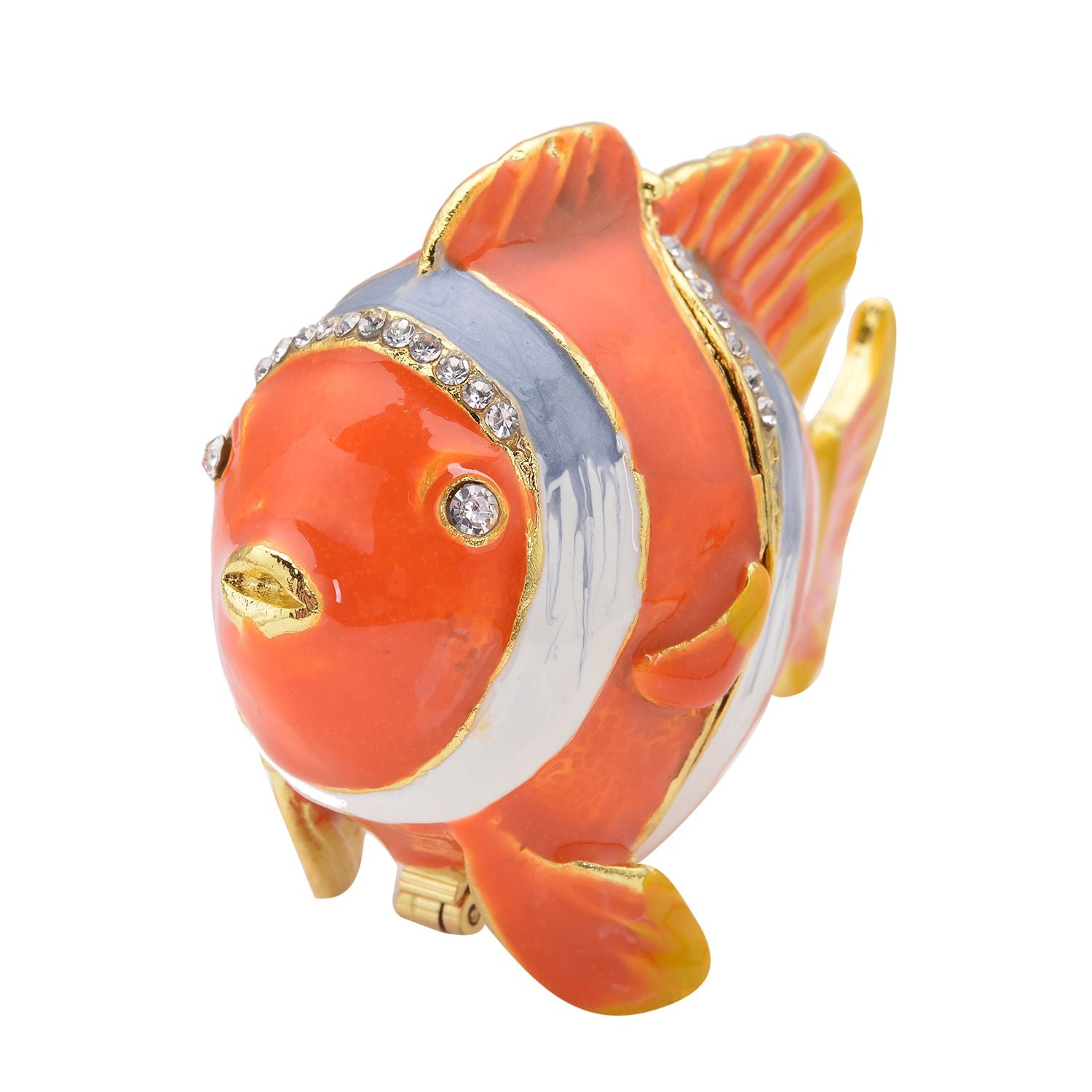 Tablettendöschen mit weißen Kristallen, emailliert, Fisch, Orange