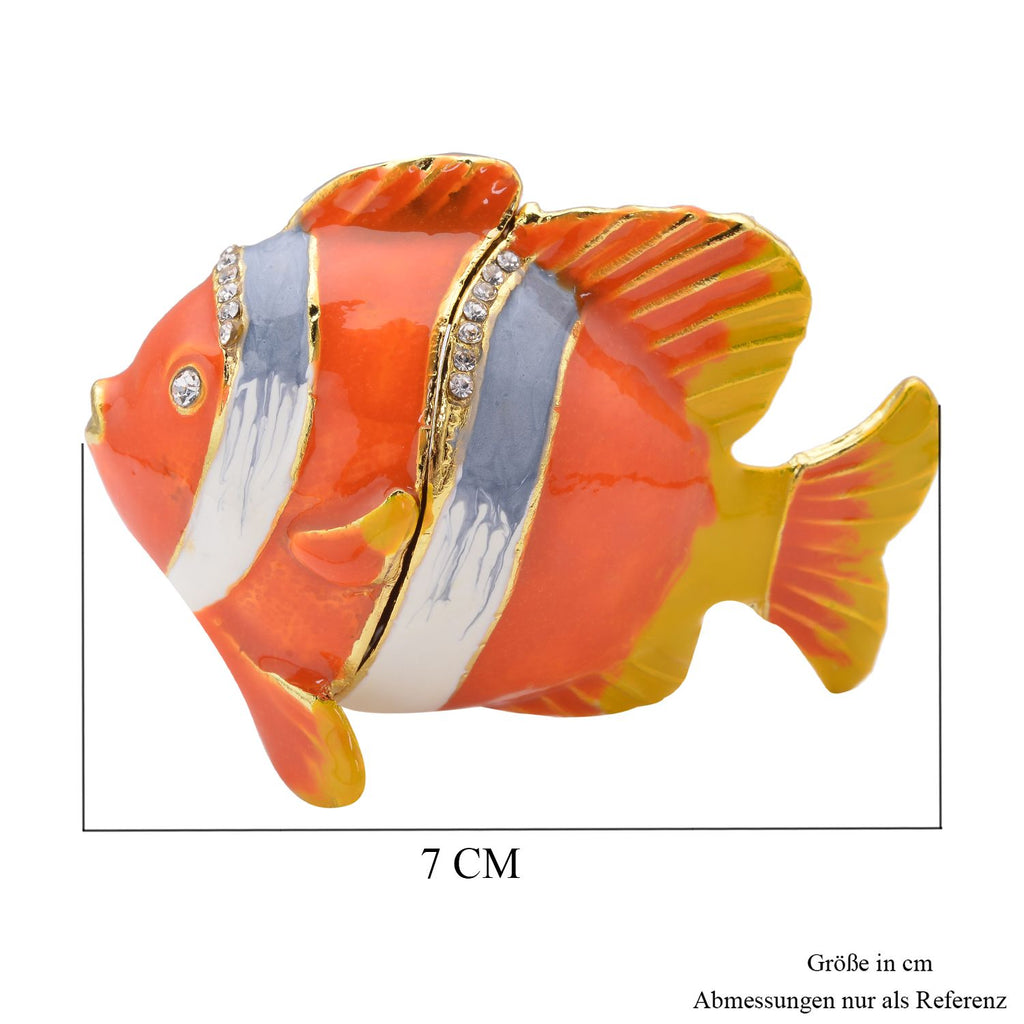 Tablettendöschen mit weißen Kristallen, emailliert, Fisch, Orange