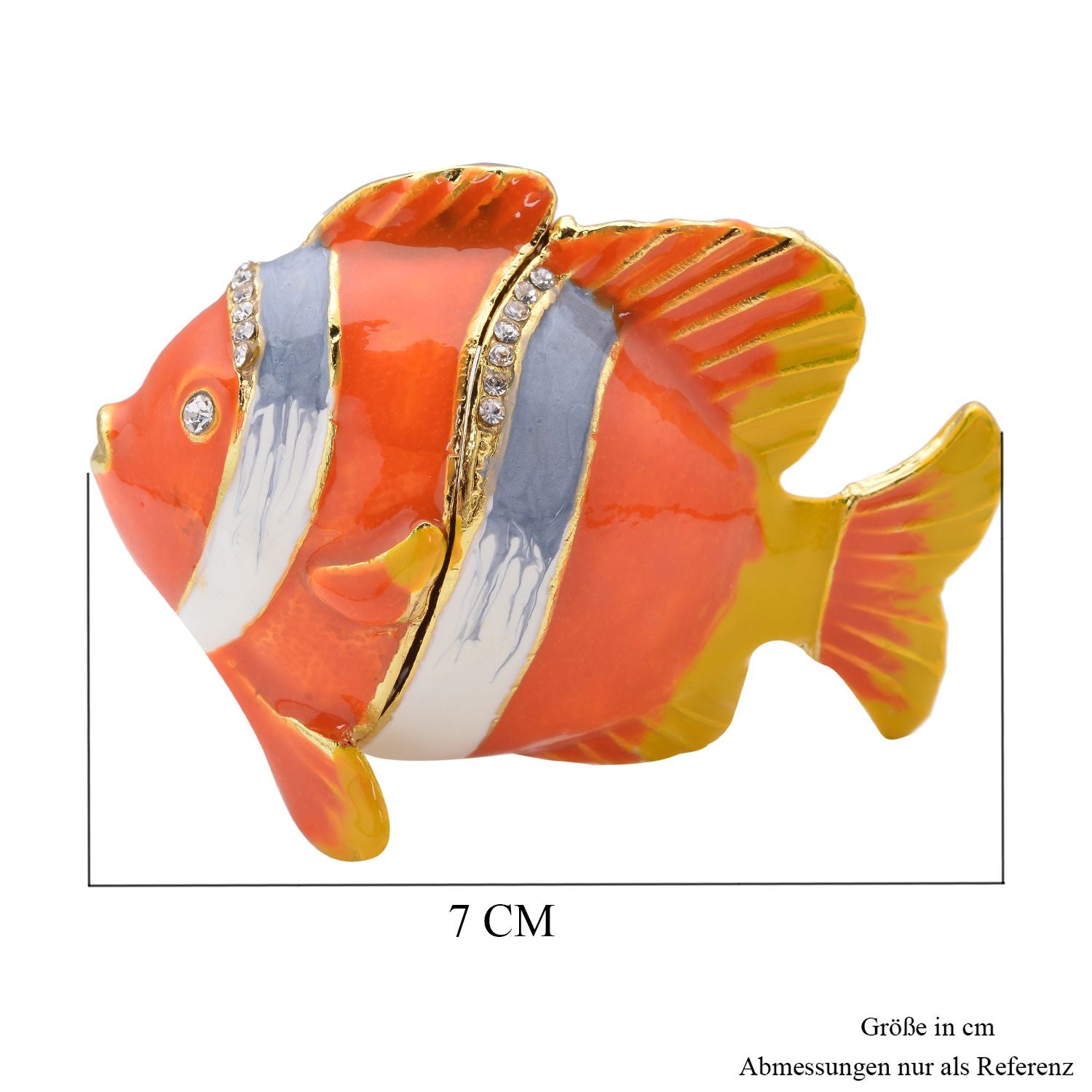 Tablettendöschen mit weißen Kristallen, emailliert, Fisch, Orange
