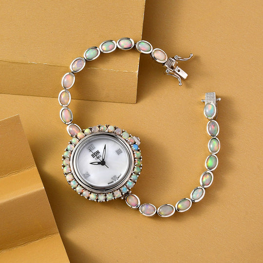 EON 1962 schweizer Uhrwerk - Natürliche, äthiopische Welo Opal Uhr, 19 cm, 925 Silber platiniert ca. 8.12 ct