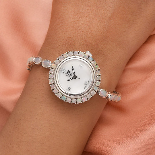 EON 1962 schweizer Uhrwerk - Natürliche, äthiopische Welo Opal Uhr, 19 cm, 925 Silber platiniert ca. 8.12 ct
