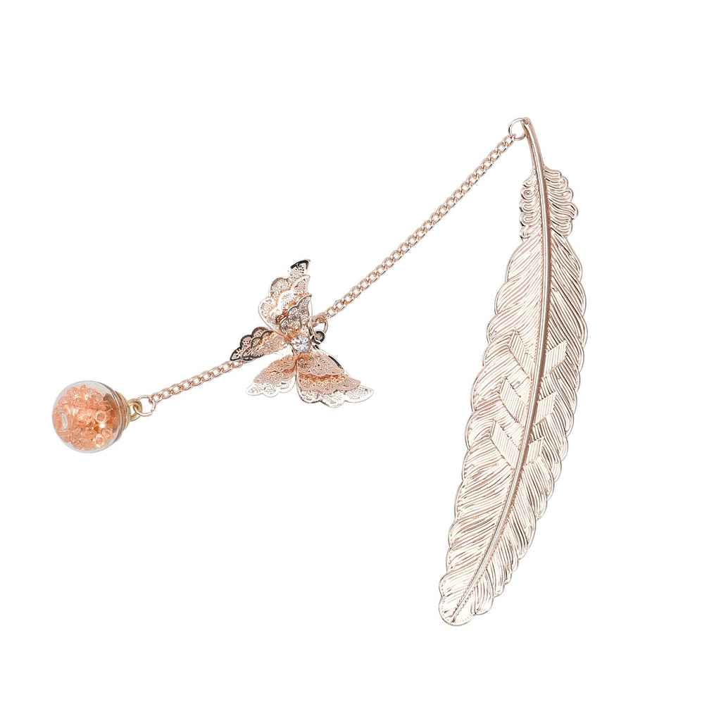 Metallfeder-Lesezeichen mit 3D-Schmetterling und ewigem Blumen-Glaskugel, roséfarben mit Rosa Kristalle