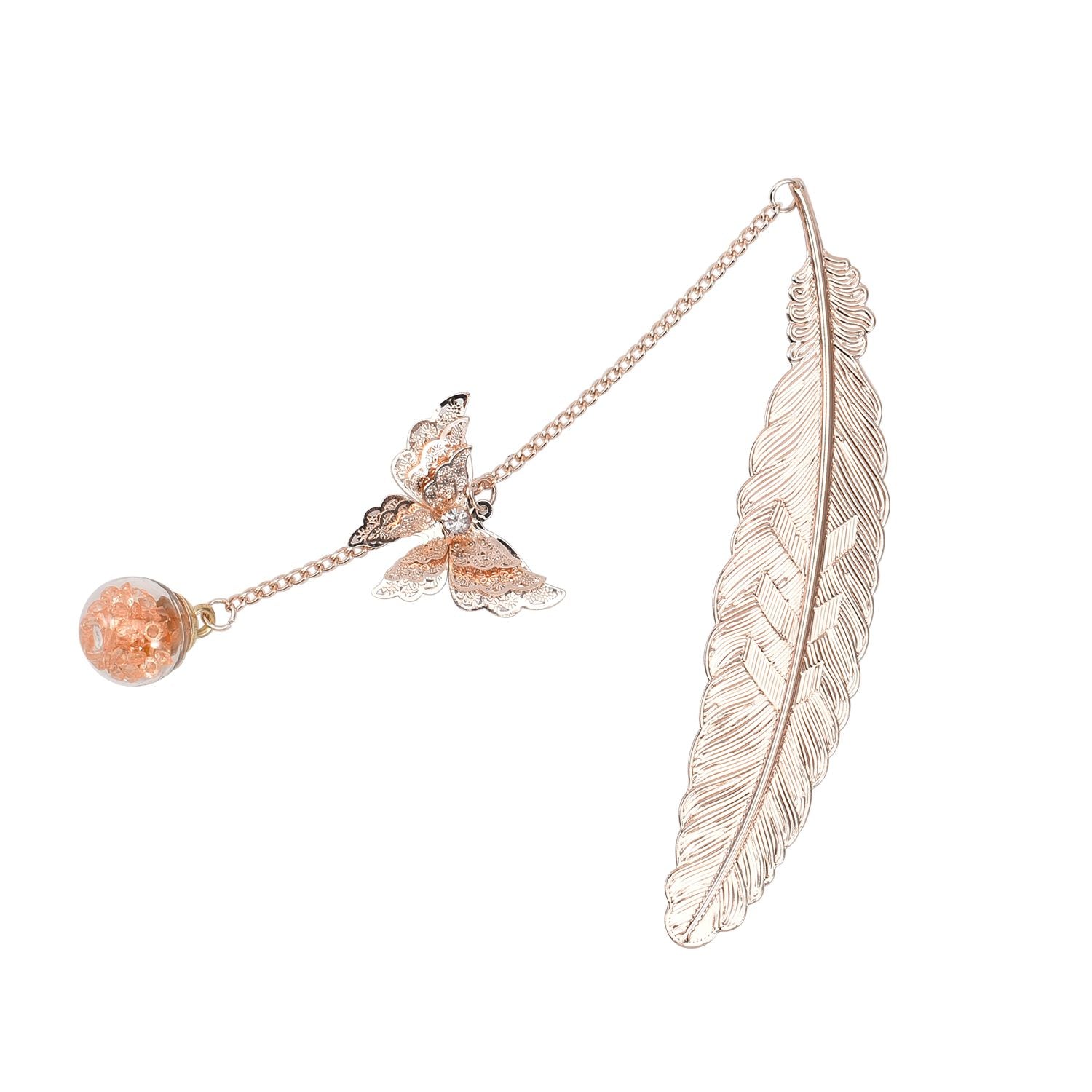 Metallfeder-Lesezeichen mit 3D-Schmetterling und ewigem Blumen-Glaskugel, roséfarben mit Rosa Kristalle
