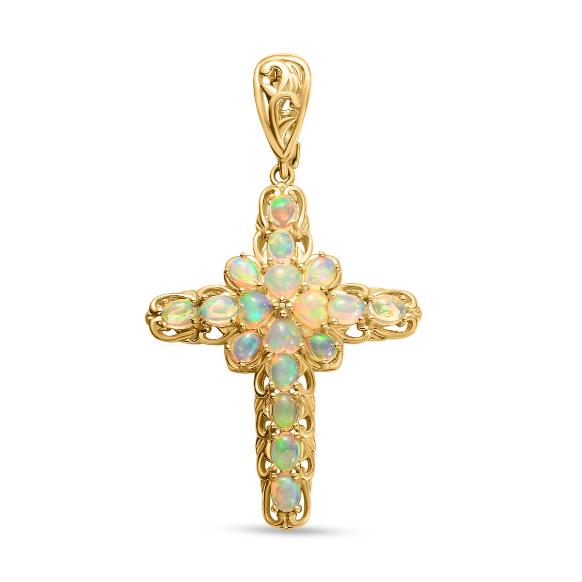 Natürlicher, äthiopischer Welo Opal Kreuz-Anhänger, 925 Silber vergoldet ca. 2,24 ct