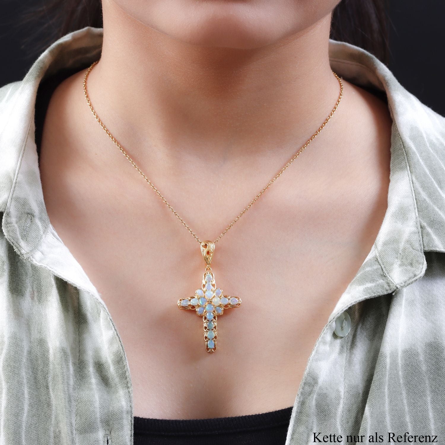 Natürlicher, äthiopischer Welo Opal Kreuz-Anhänger, 925 Silber vergoldet ca. 2,24 ct