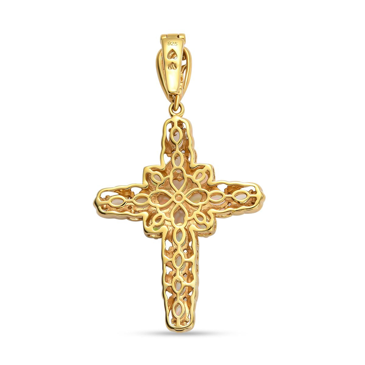 Natürlicher, äthiopischer Welo Opal Kreuz-Anhänger, 925 Silber vergoldet ca. 2,24 ct