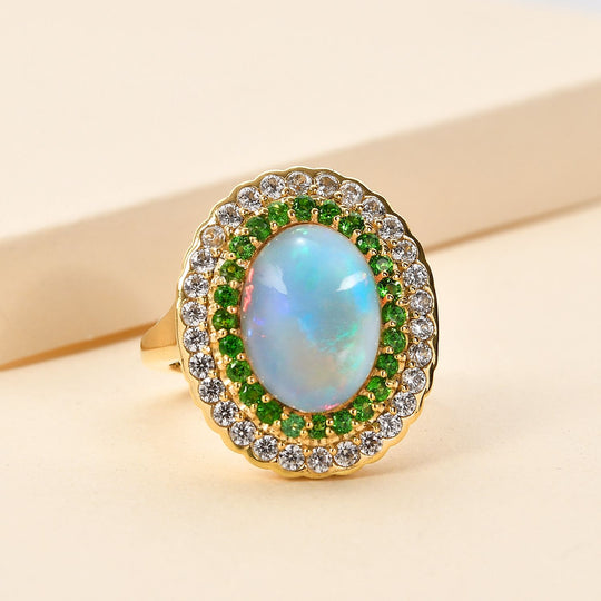 Natürlicher, äthiopischer Welo Opal, Chromdiopsid und weißer Zirkon-Ring, 925 Silber Gelbgold Vermeil (Größe 20.00) ca. 4.99 ct