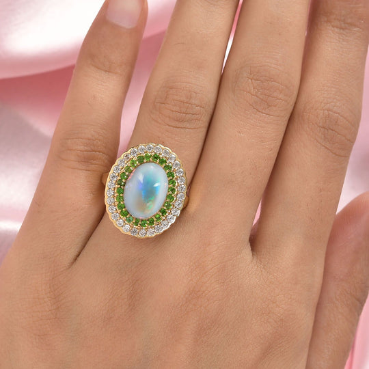 Natürlicher, äthiopischer Welo Opal, Chromdiopsid und weißer Zirkon-Ring, 925 Silber Gelbgold Vermeil (Größe 20.00) ca. 4.99 ct